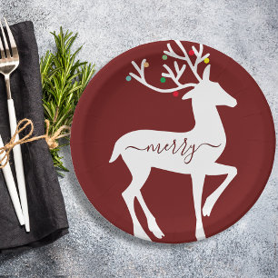 Christmas Reindeer Merry Burgundy Paper Plate