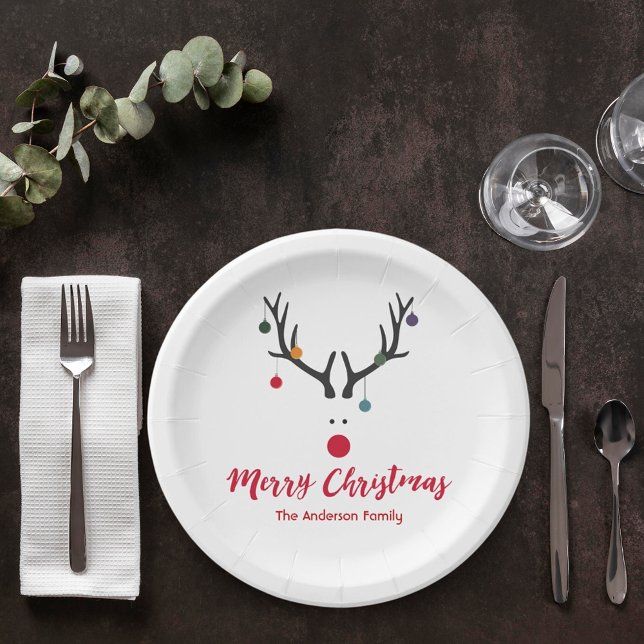 Christmas reindeer modern white red paper plate (Creator Uploaded)