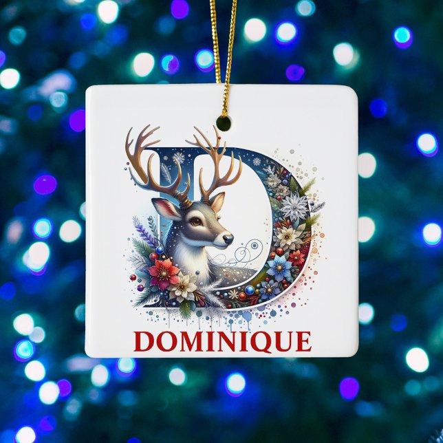 Christmas Reindeer Monogram Letter D Custom Name Ceramic Ornament (Creator Uploaded)