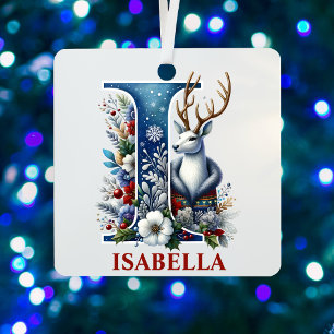 Christmas Reindeer Monogram Letter I Custom Name Metal Tree Decoration