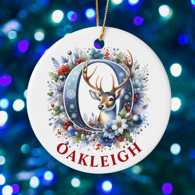 Christmas Reindeer Monogram Letter O Custom Name Ceramic Tree Decoration (Creator Uploaded)