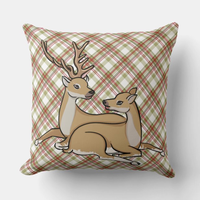 Christmas Reindeer Multi Plaid Reversible Pillow (Front)