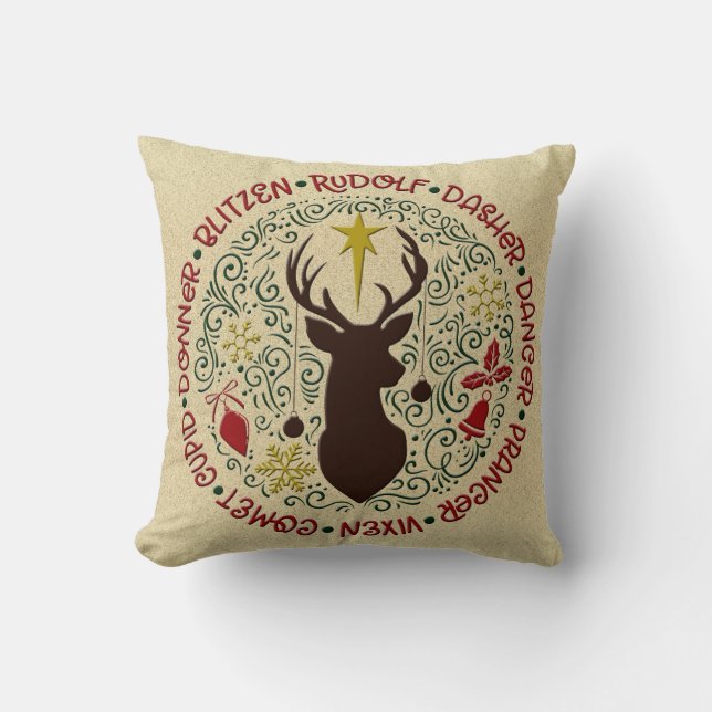 Christmas Reindeer Names Rudolf Burlap look Cushion (Front)