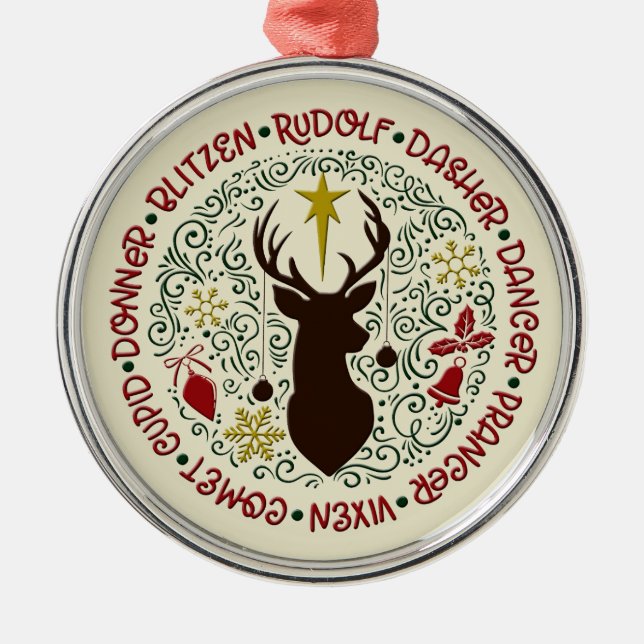 Christmas Reindeer Names Rudolf Metal Tree Decoration (Front)
