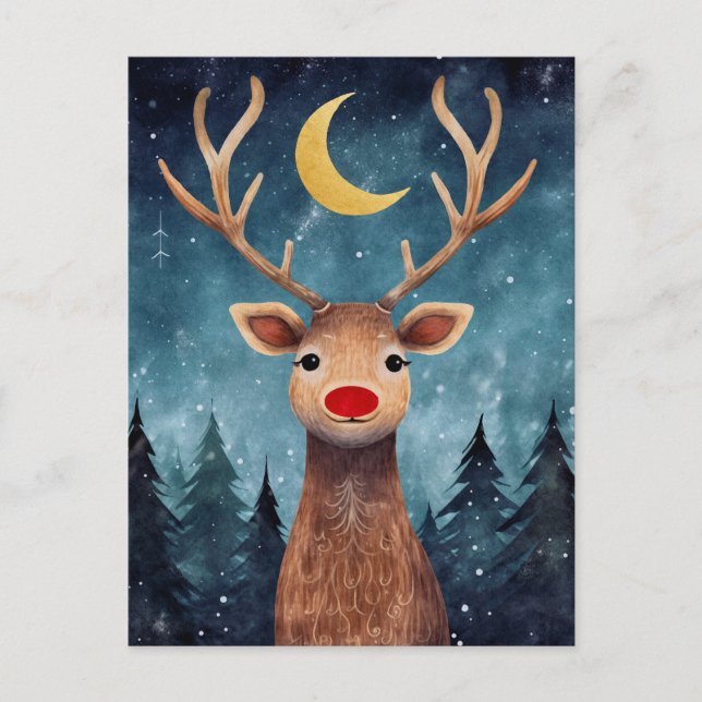 Christmas Reindeer Night Moon Message Holiday Postcard (Front)