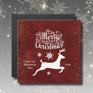 Christmas Reindeer on Burgundy Holiday Card Magnet