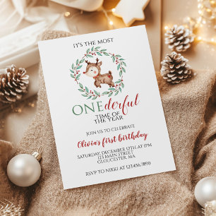 Christmas Reindeer Onederful First Birthday Invitation