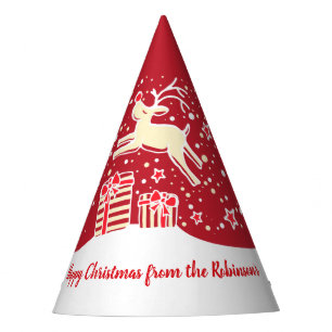 Christmas reindeer over gifts red name hat