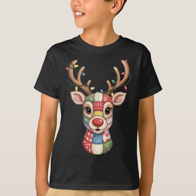 Christmas Reindeer Patchwork Men Women Kids Cute R T-Shirt (Front)