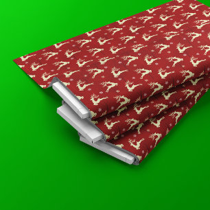 Christmas Reindeer Pattern Gold Red Fabric