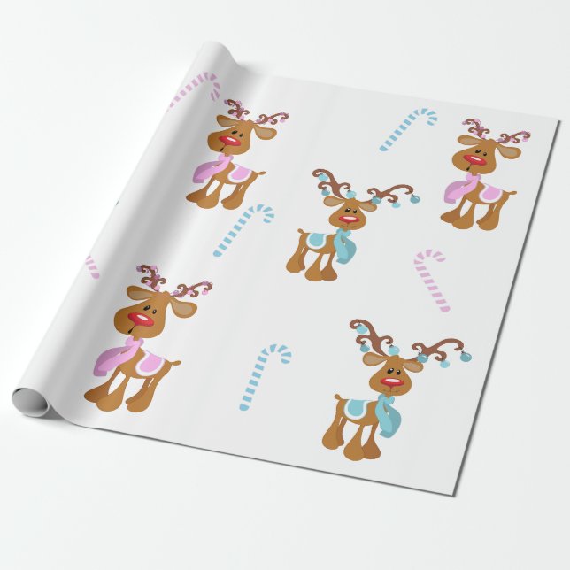 Christmas Reindeer Pink Blue Gender Reveal Party Wrapping Paper (Unrolled)