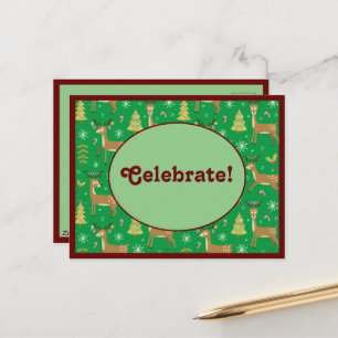 Christmas Reindeer Playing Under Xmas Trees Green Holiday Postcard