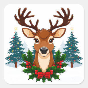 Christmas Reindeer Portrait With Holly Wreath Square Sticker