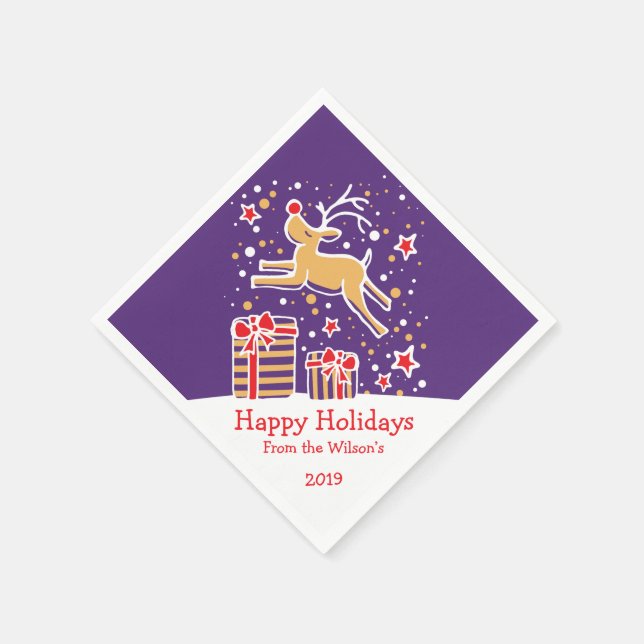 Christmas reindeer purple red yellow paper napkins (Corner)