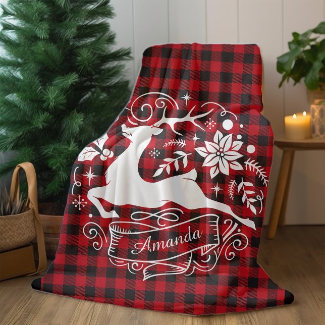  Christmas reindeer red baffalo plaid monogram  Fleece Blanket (Creator Uploaded)