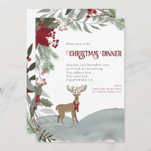 Christmas Reindeer Red Berries Grey Foliage Snow Invitation