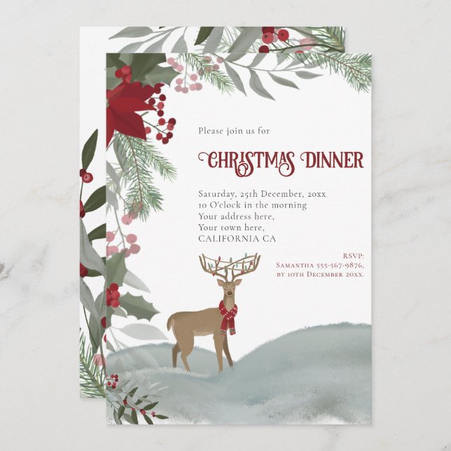 Christmas Reindeer Red Berries Grey Foliage Snow Invitation (Front/Back)
