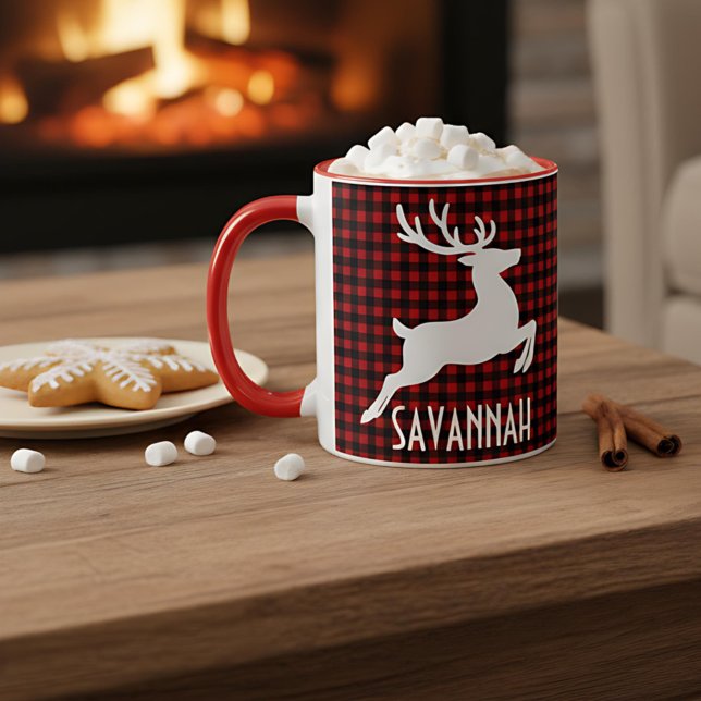 Christmas Reindeer Red & Black Plaid Custom Name Mug (Creator Uploaded)
