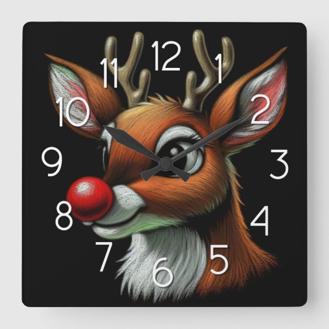 Christmas Reindeer Red Nose Rudolph Square Wall Clock (Front)