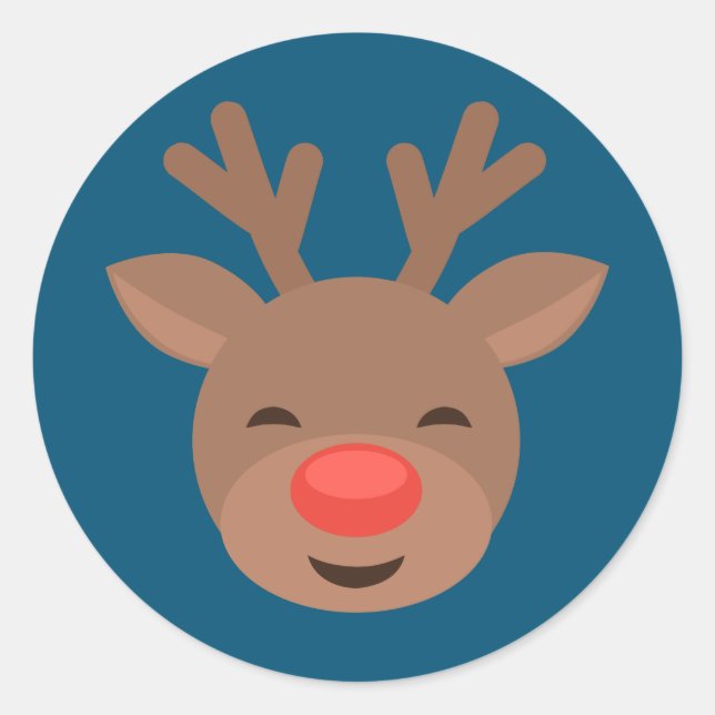 Christmas Reindeer Rudolf on Blue Classic Round Sticker (Front)
