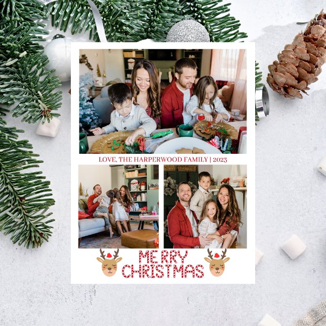  Christmas Reindeer Script Family Photo Collage Holiday Postcard (Creator Uploaded)