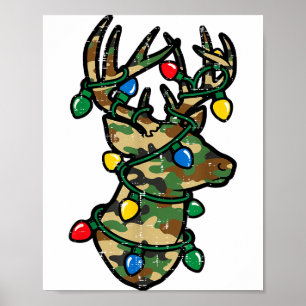 Christmas Reindeer Silhouette Camo Xmas Lights Men Poster
