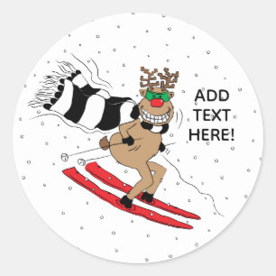 Christmas Reindeer Skiing Classic Round Sticker