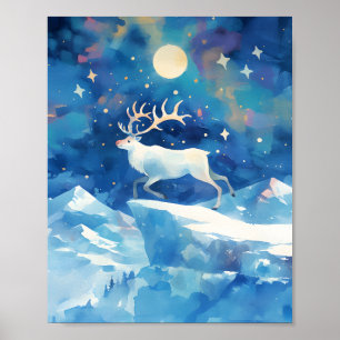 Christmas Reindeer Snow Watercolor Painting Art Poster