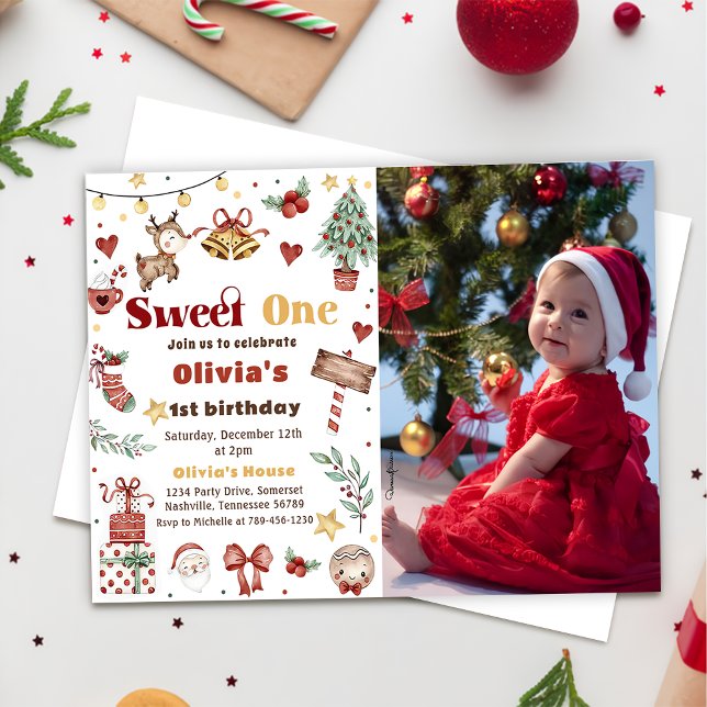 Christmas Reindeer Sweet One 1st Birthday Photo Invitation (Creator Uploaded)