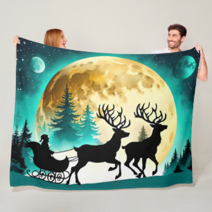Christmas Reindeer Take Flight Full moon  Fleece Blanket