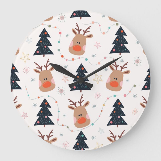Christmas Reindeer Tree Hand Drawn Large Clock (Front)