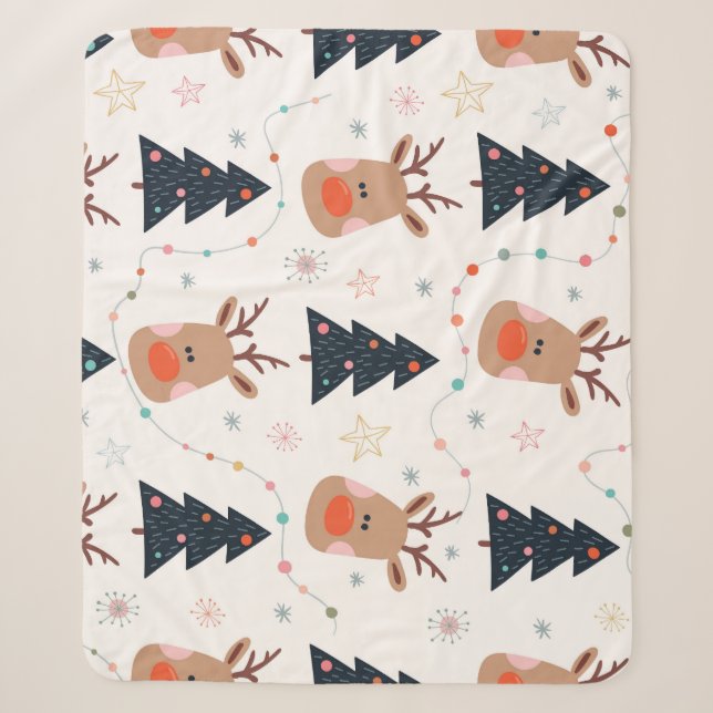Christmas Reindeer Tree Hand Drawn Sherpa Blanket (Front)