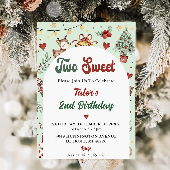 Christmas Reindeer Two Sweet 2nd Birthday Invitation (Creator Uploaded)