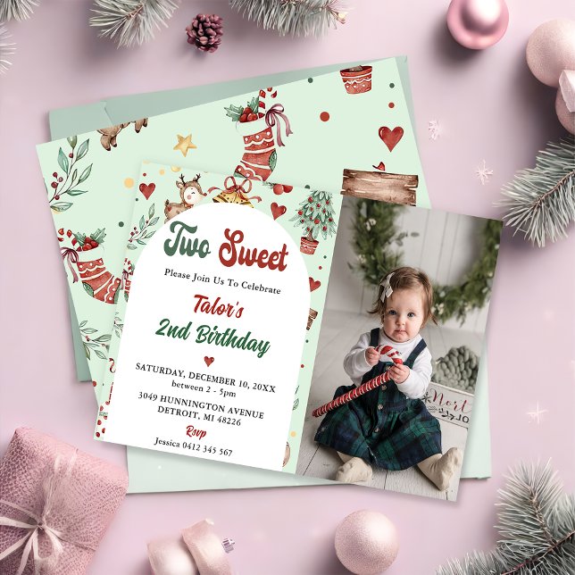 Christmas Reindeer Two Sweet 2nd Birthday Photo Invitation (Creator Uploaded)