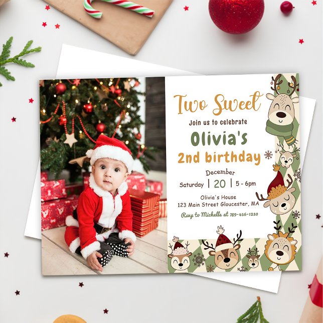 Christmas Reindeer Two Sweet 2nd Birthday Photo Invitation (Creator Uploaded)