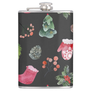 Christmas Reindeer: Watercolor Seamless Pattern Hip Flask
