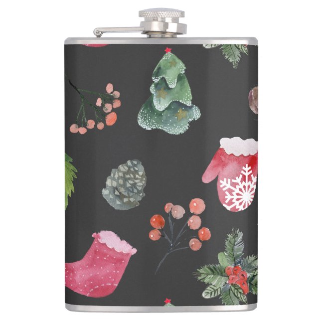 Christmas Reindeer: Watercolor Seamless Pattern Hip Flask (Front)