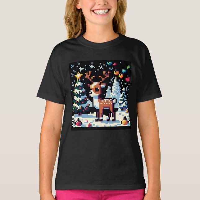 Christmas Reindeer Winter Wonderland Pixel Art T-Shirt (Front)