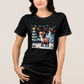 Christmas Reindeer Winter Wonderland Pixel Art Tri-Blend Shirt