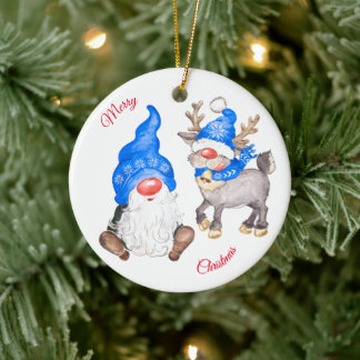 Christmas Reindeer With Gnome Ceramic Tree Decoration