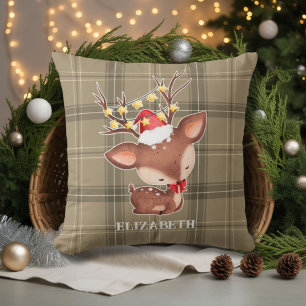 Christmas Reindeer With Plaid Background  Cushion