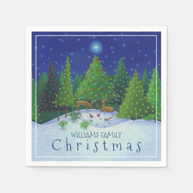 Christmas Reindeer Woodland Animals Family Name Napkin (Front)