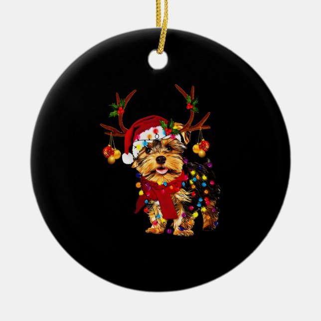Christmas Reindeer Yorkie   Ceramic Tree Decoration (Front)