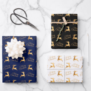 Christmas Reindeers on Navy Blue, Black and White Wrapping Paper Sheet
