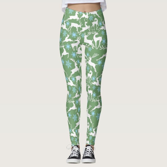 Christmas Reindeers Pattern, white 02 L Green BG Leggings (Front)