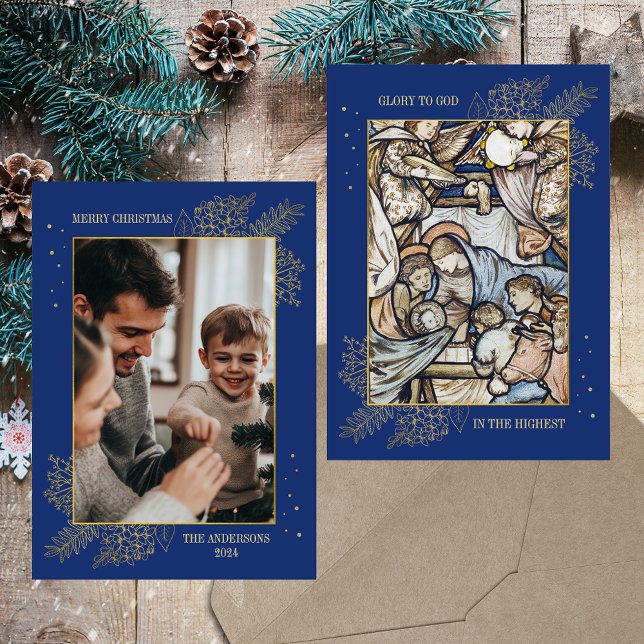 Christmas Religious Christian Catholic Blue Photo Holiday Card (Christmas Nativity Religious Christian Catholic Elegant Modern Blue Custom Photo Holiday Card)