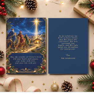 Christmas Religious Nativity Scene Blue Gold Holiday Card