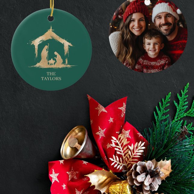 Christmas Religious Nativity Scene Family Photo Ceramic Tree Decoration (CIRCLE CHRISTMAS ORNAMENT WITH GOLD NATIVITY SCENE ON THE GREEN BACKGROUND A FAMILY PHOTO)