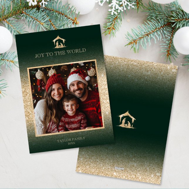 Christmas Religious Nativity Scene Family Photo  Holiday Card (religious family photo christmas card with green background and gold nativity scene)