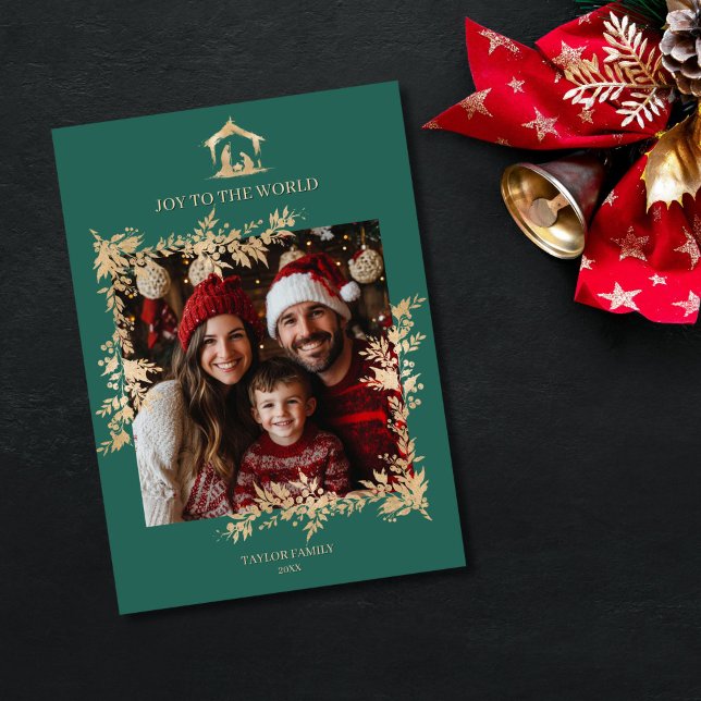 Christmas Religious Nativity Scene Family Photo  Holiday Card (christmas gold foil nativity scene with a familiy photo in a mistletoe frame, green background)